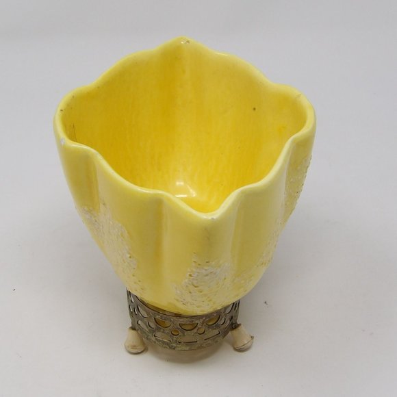 Vintage MCM Mid-Century Modern Yellow Splatter Glaze Vase Planter on Brass Stand - Picture 5 of 10
